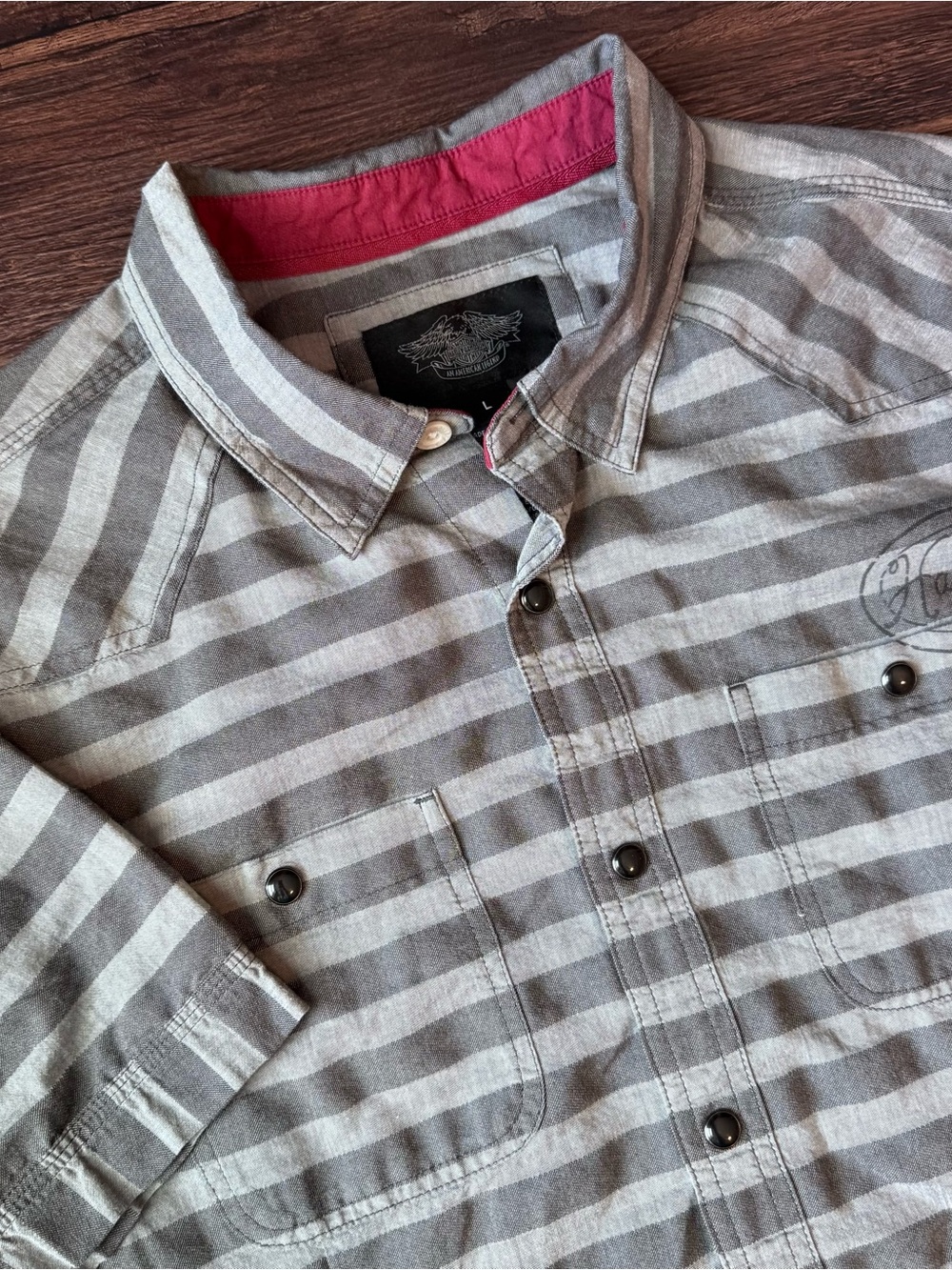 Harley-Davidson Shirt Mens Large Gray Stripe Skull Short Sleeve Pearl Snap H-D
